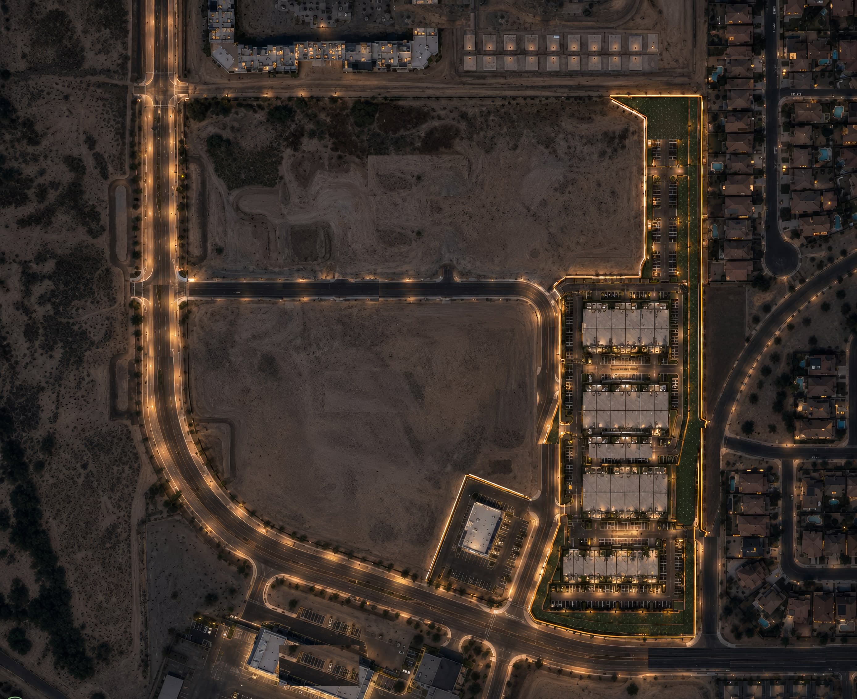 Aerial view of Estrella Gin Business Park site at dusk, Maricopa, Arizona
